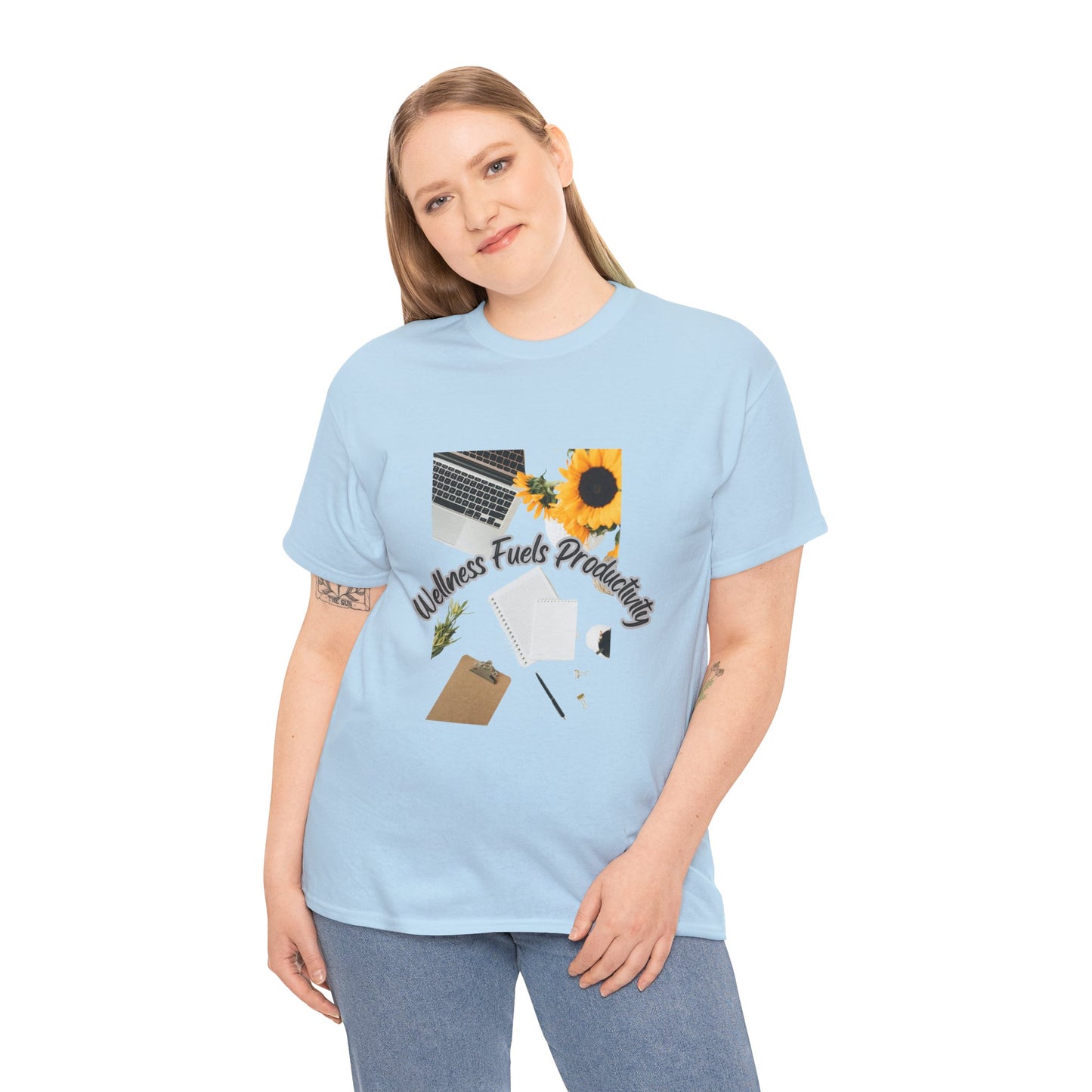 Wellness Fuels Productivity T-Shirt – Sunflower Workspace Graphic Tee | Motivational Quote Shirt | Wellness & Self-Care Gift