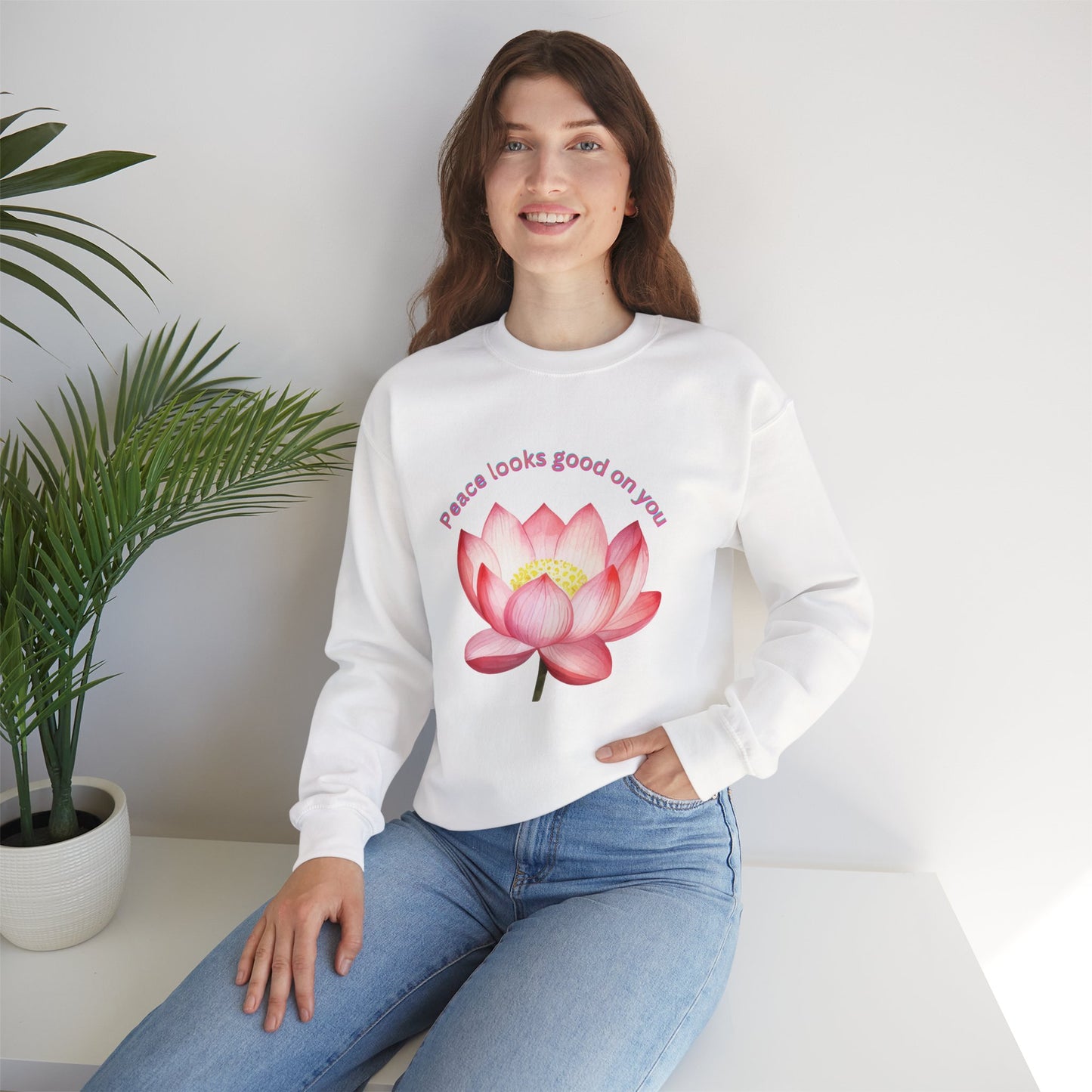 Crewneck Sweatshirt - Peace Look Good On You Quote with Lotus Flower Design