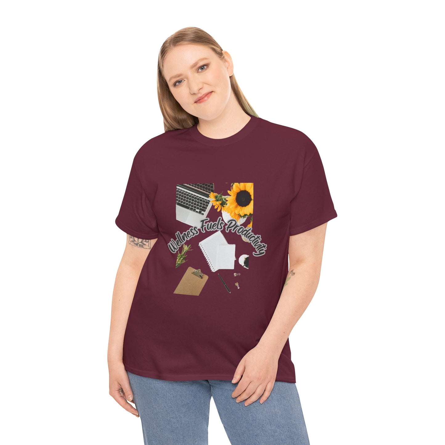 Wellness Fuels Productivity T-Shirt – Sunflower Workspace Graphic Tee | Motivational Quote Shirt | Wellness & Self-Care Gift