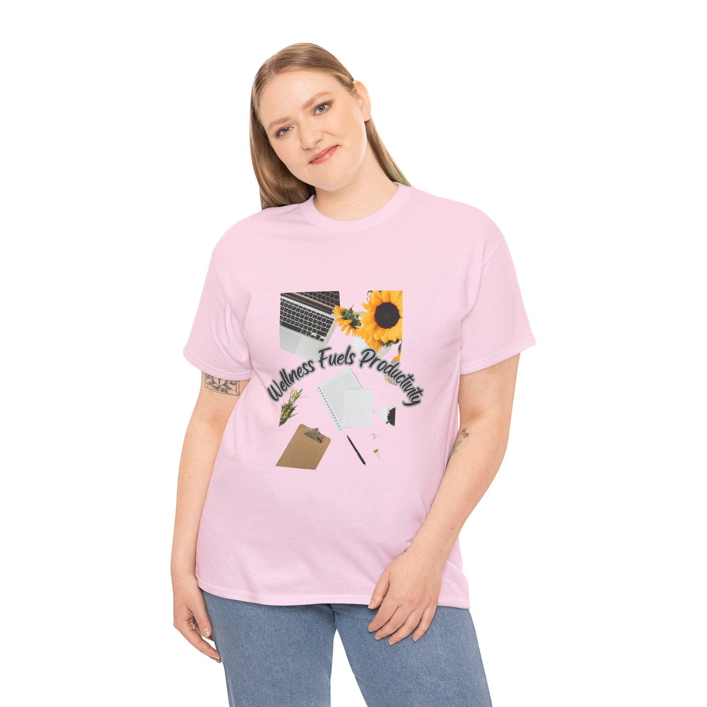 Wellness Fuels Productivity T-Shirt – Sunflower Workspace Graphic Tee | Motivational Quote Shirt | Wellness & Self-Care Gift
