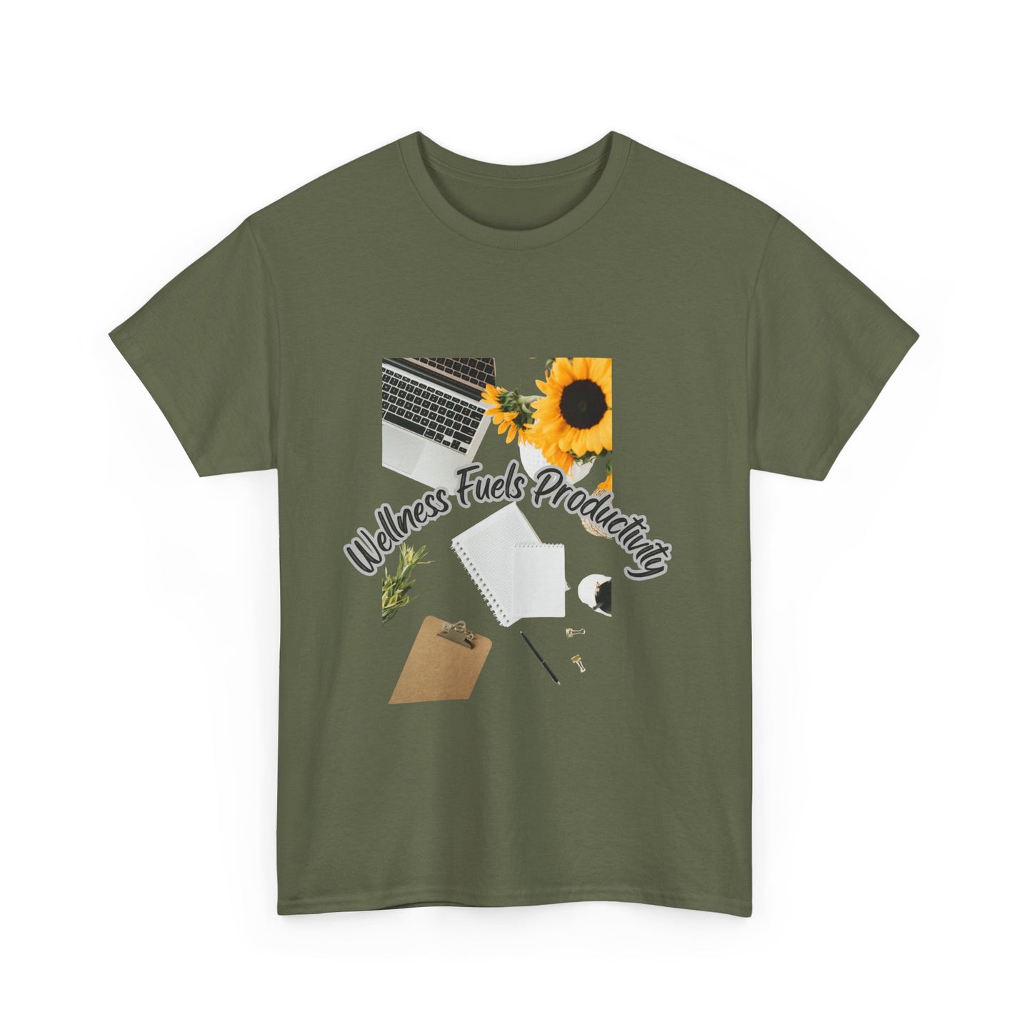 Wellness Fuels Productivity T-Shirt – Sunflower Workspace Graphic Tee | Motivational Quote Shirt | Wellness & Self-Care Gift