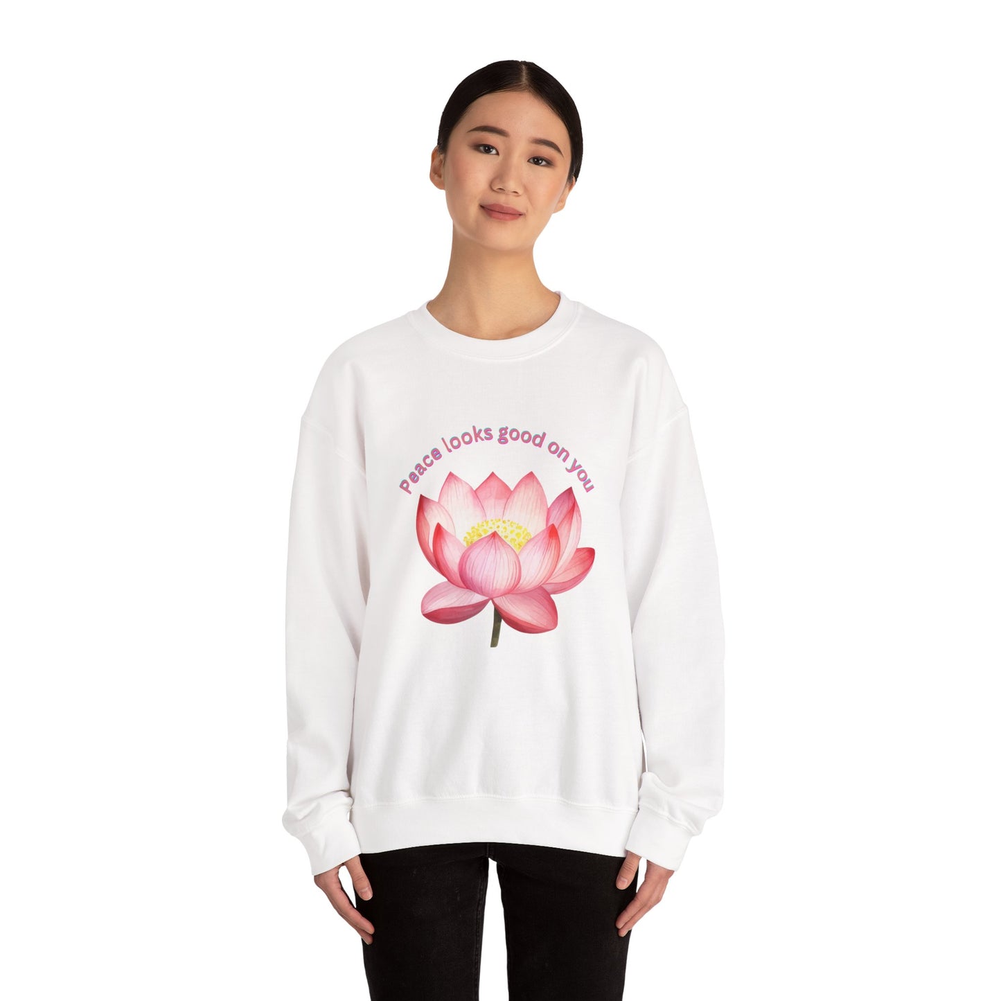 Crewneck Sweatshirt - Peace Look Good On You Quote with Lotus Flower Design