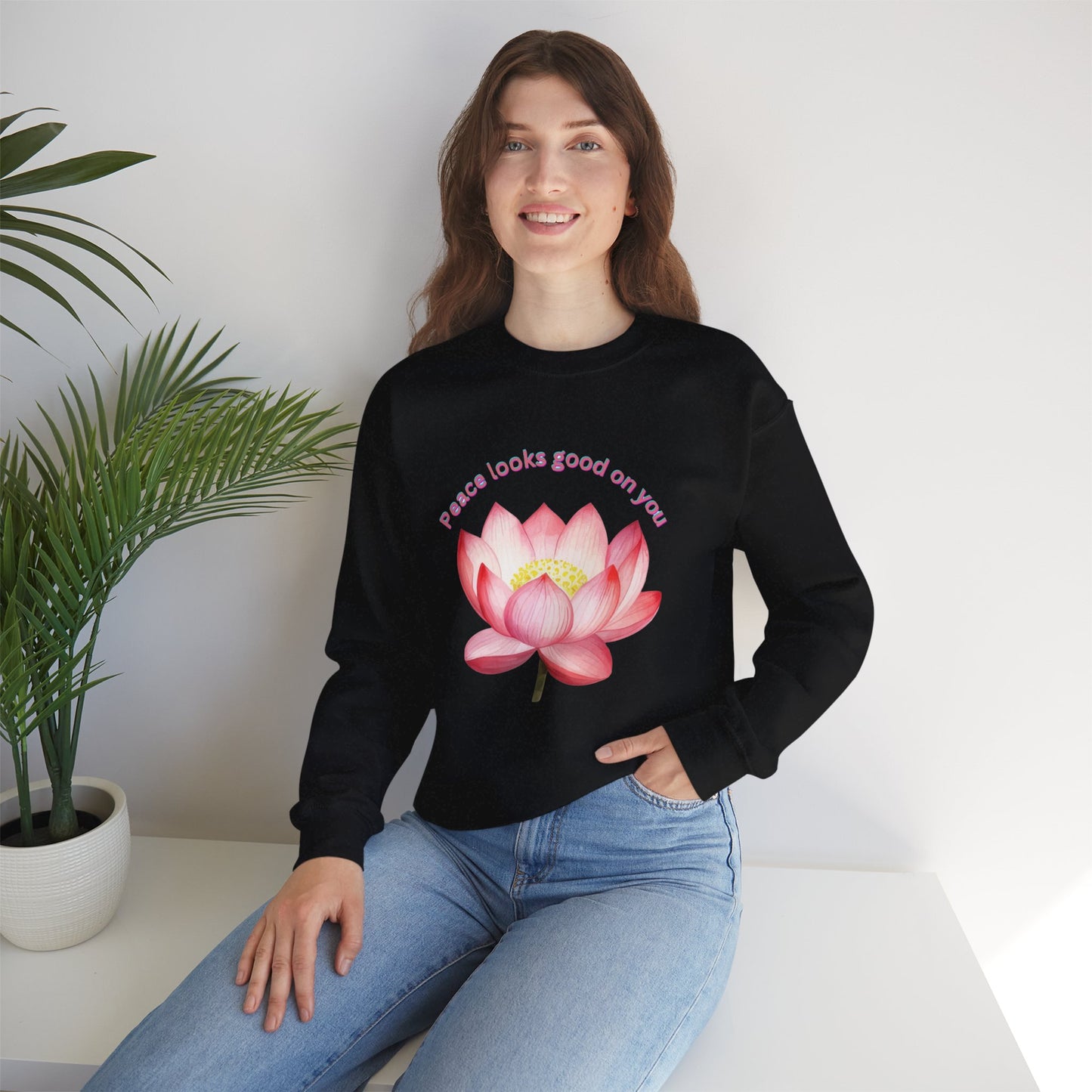Crewneck Sweatshirt - Peace Look Good On You Quote with Lotus Flower Design