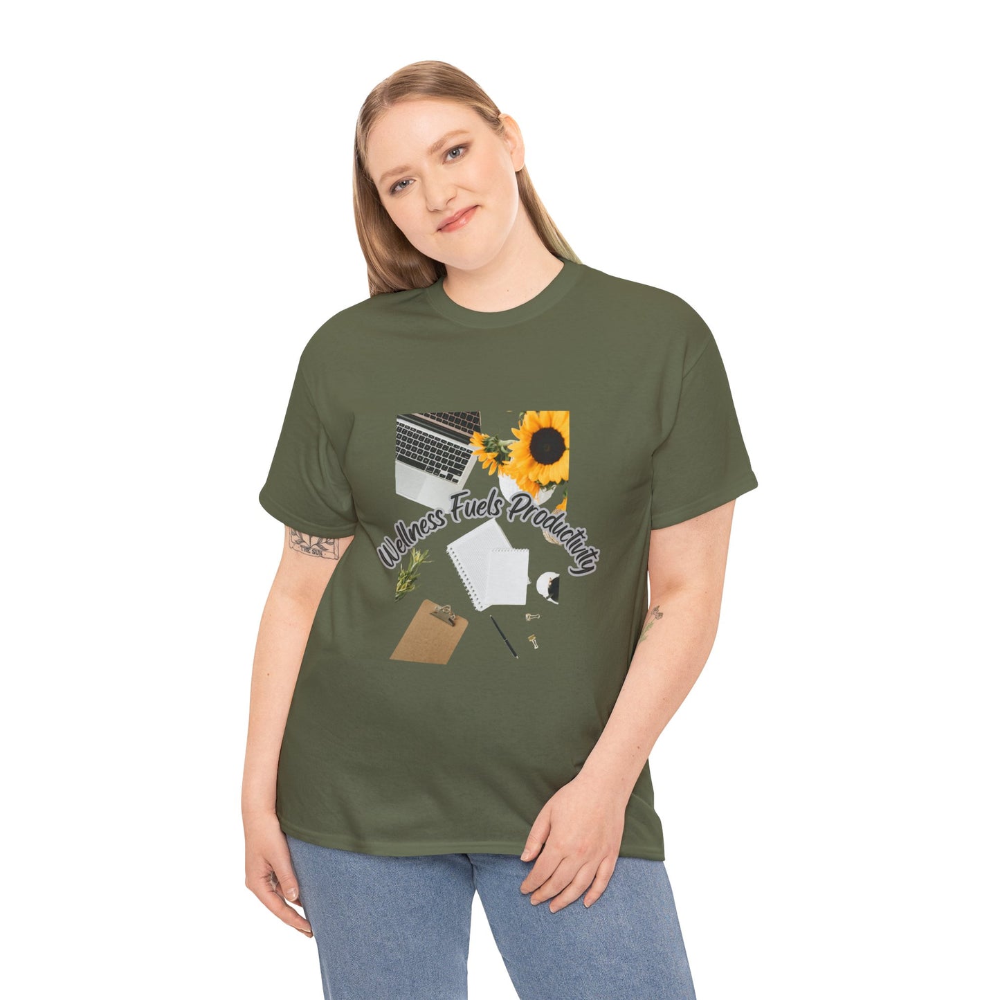 Wellness Fuels Productivity T-Shirt – Sunflower Workspace Graphic Tee | Motivational Quote Shirt | Wellness & Self-Care Gift