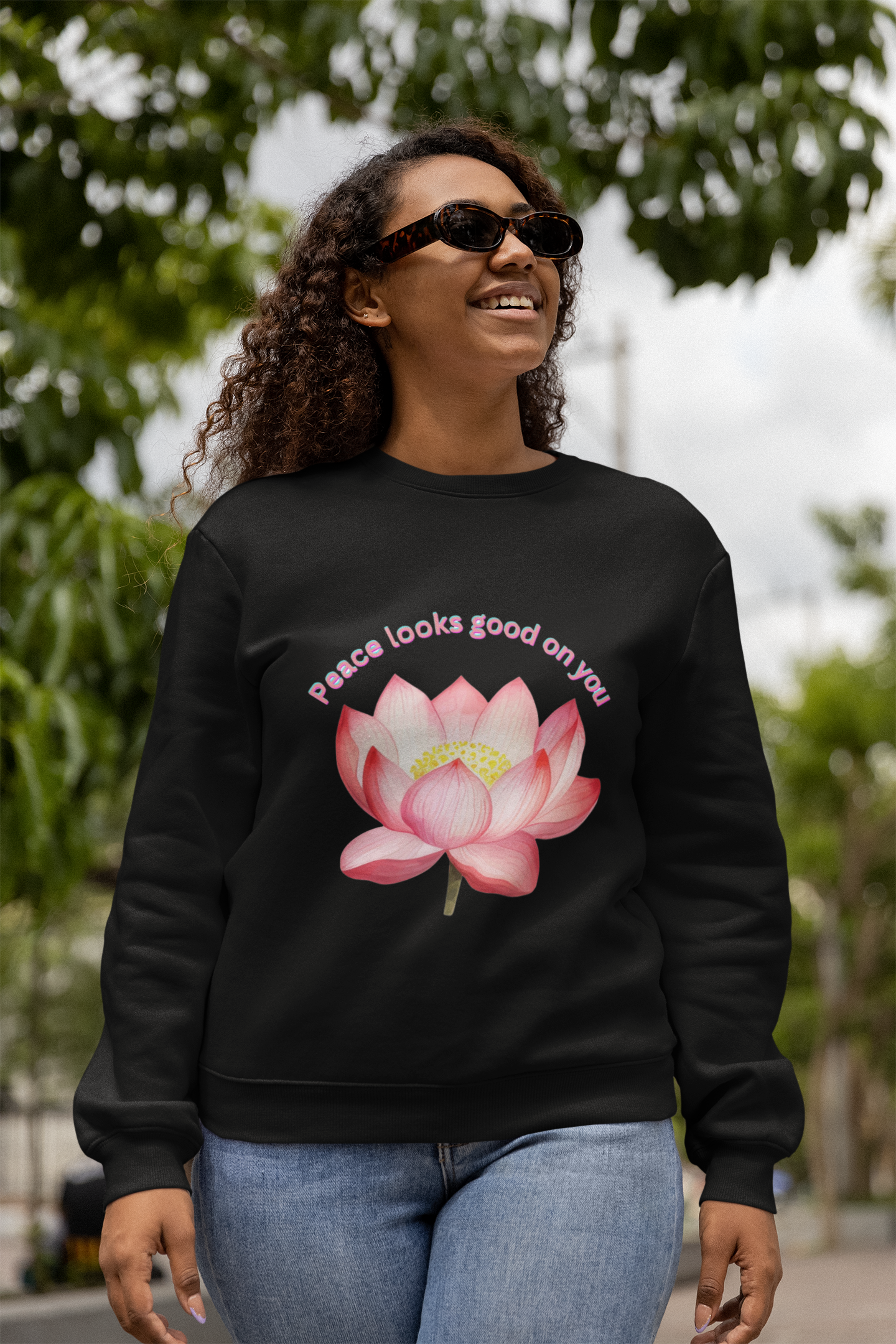 Crewneck Sweatshirt - Peace Look Good On You Quote with Lotus Flower Design