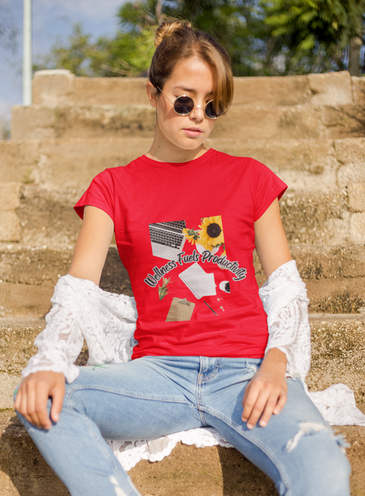 Wellness Fuels Productivity T-Shirt – Sunflower Workspace Graphic Tee | Motivational Quote Shirt | Wellness & Self-Care Gift