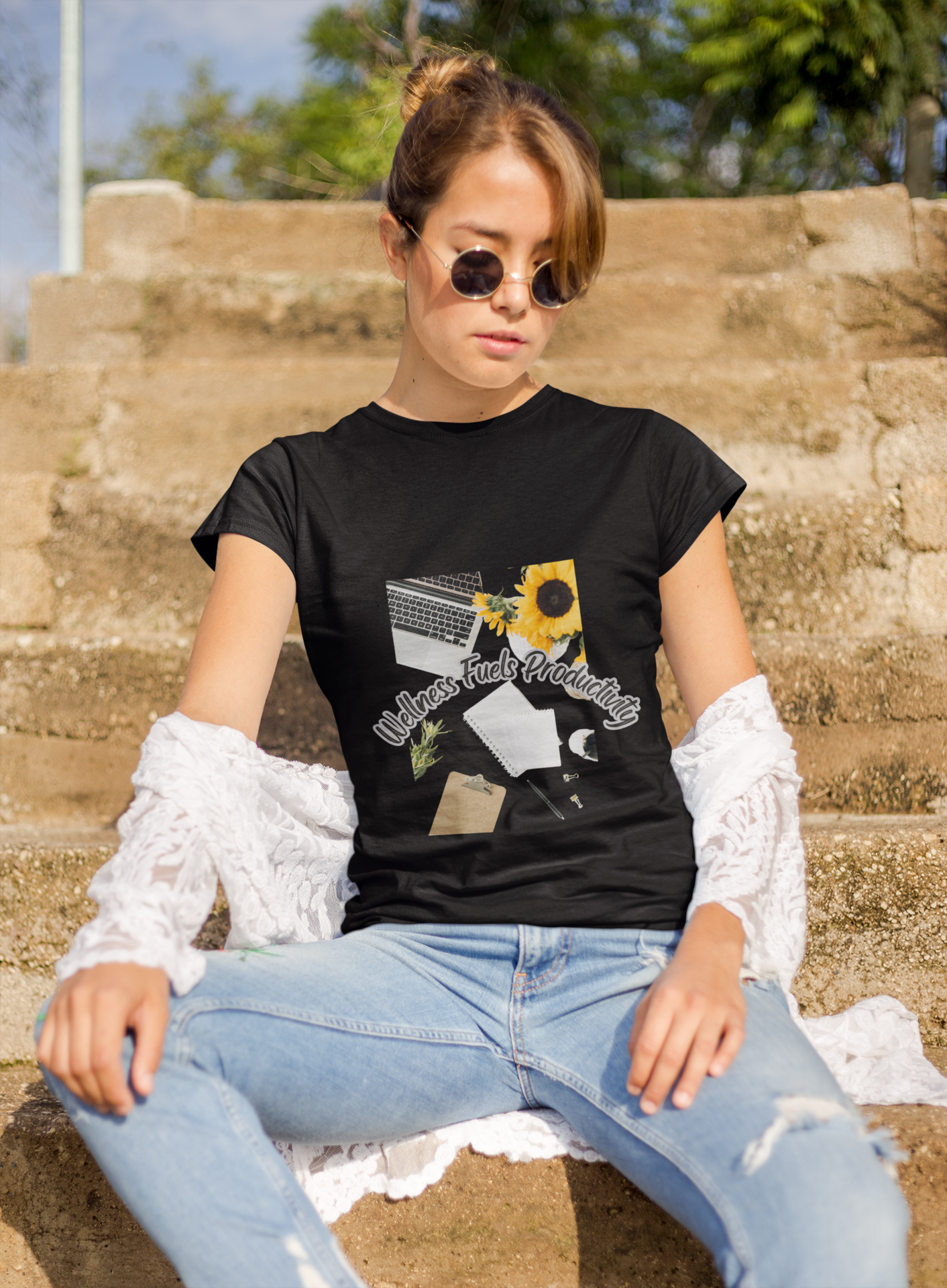 Wellness Fuels Productivity T-Shirt – Sunflower Workspace Graphic Tee | Motivational Quote Shirt | Wellness & Self-Care Gift