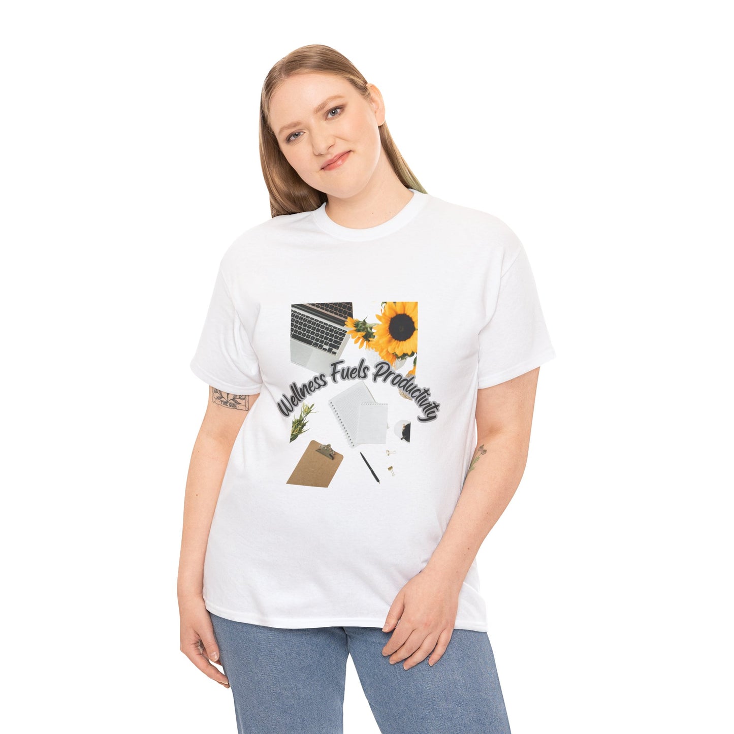 Wellness Fuels Productivity T-Shirt – Sunflower Workspace Graphic Tee | Motivational Quote Shirt | Wellness & Self-Care Gift