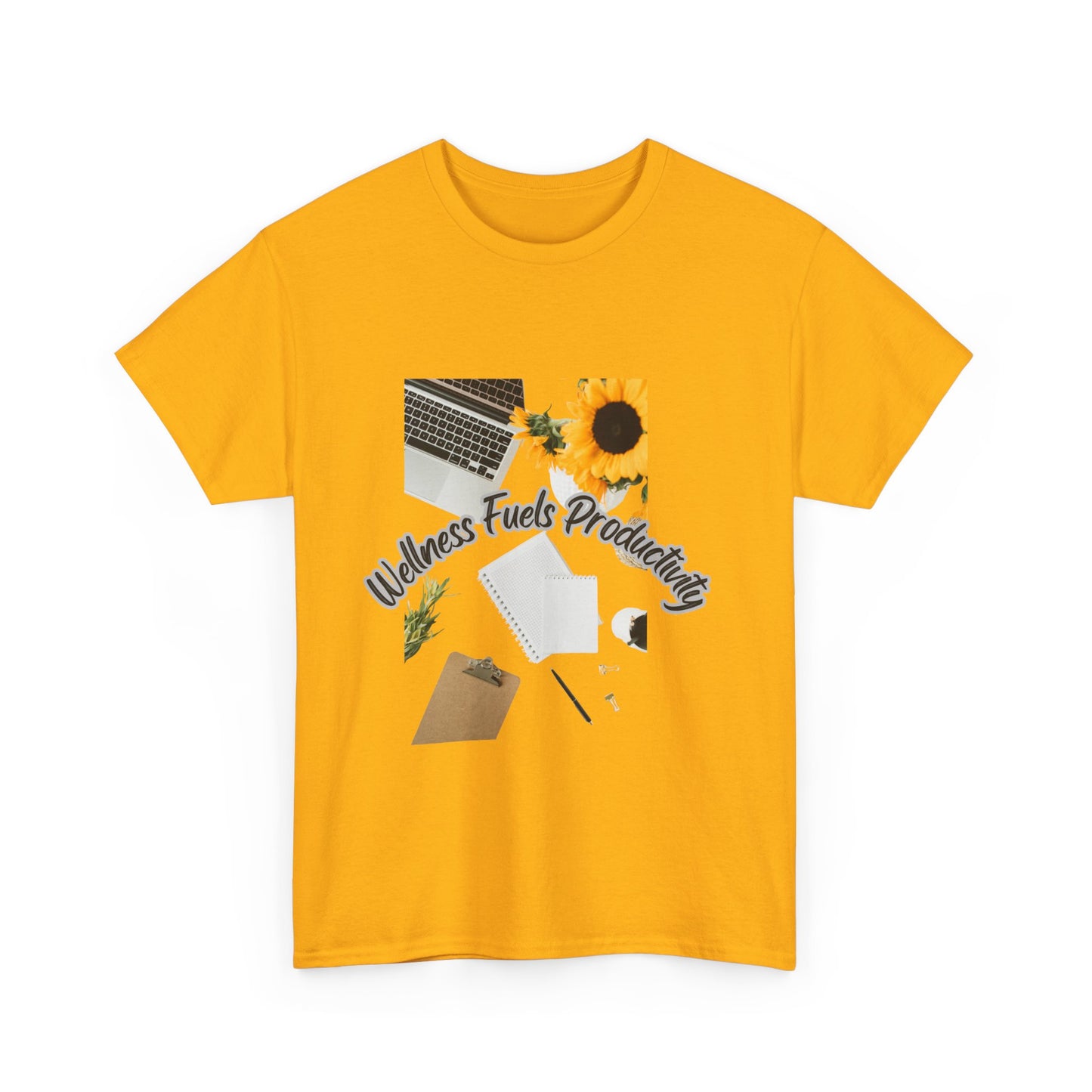 Wellness Fuels Productivity T-Shirt – Sunflower Workspace Graphic Tee | Motivational Quote Shirt | Wellness & Self-Care Gift