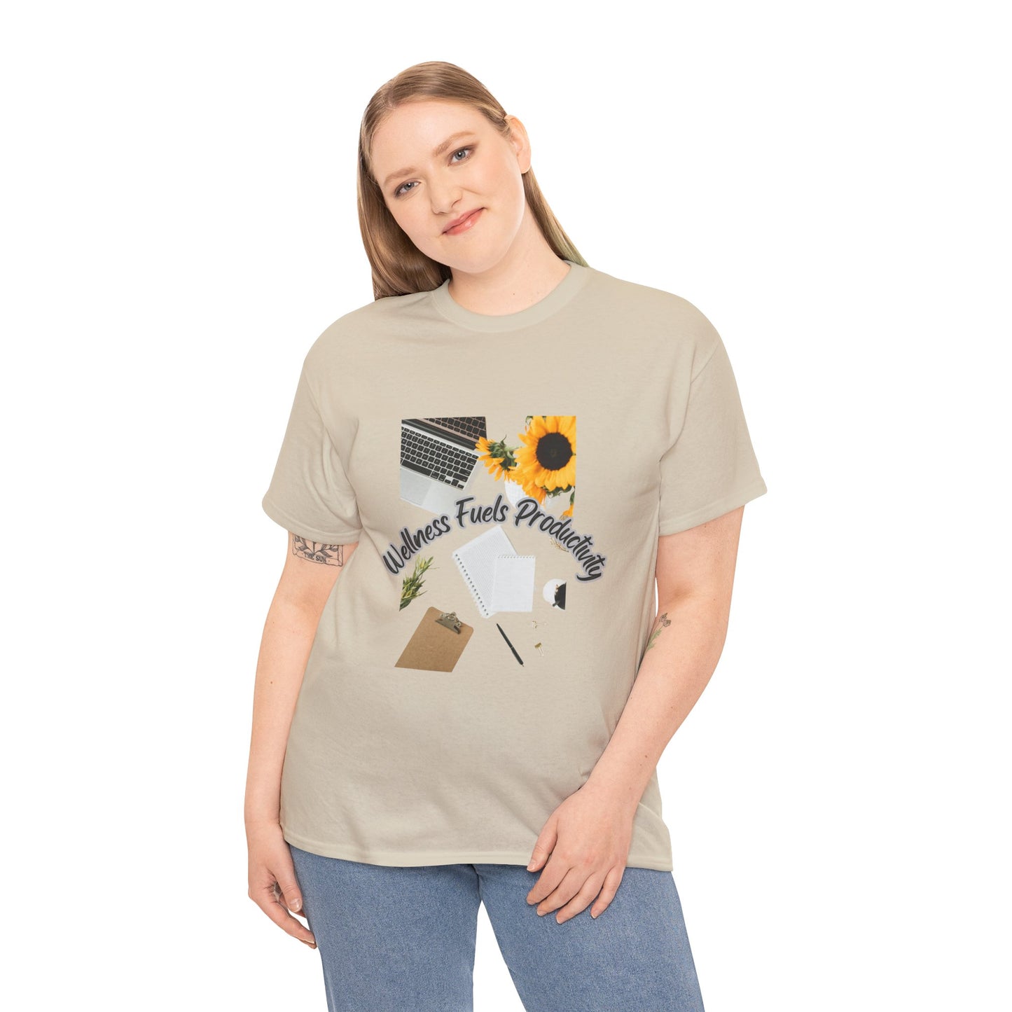 Wellness Fuels Productivity T-Shirt – Sunflower Workspace Graphic Tee | Motivational Quote Shirt | Wellness & Self-Care Gift