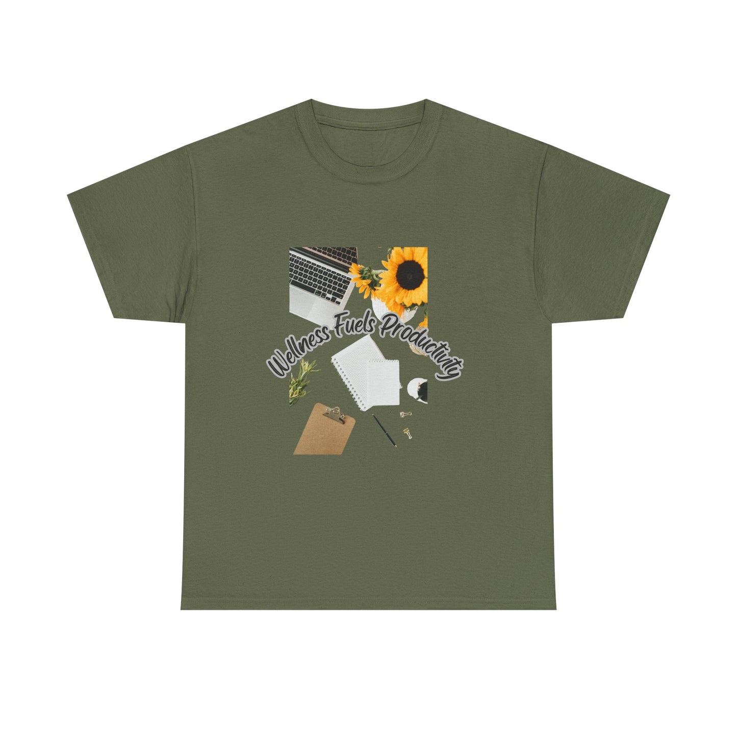 Wellness Fuels Productivity T-Shirt – Sunflower Workspace Graphic Tee | Motivational Quote Shirt | Wellness & Self-Care Gift