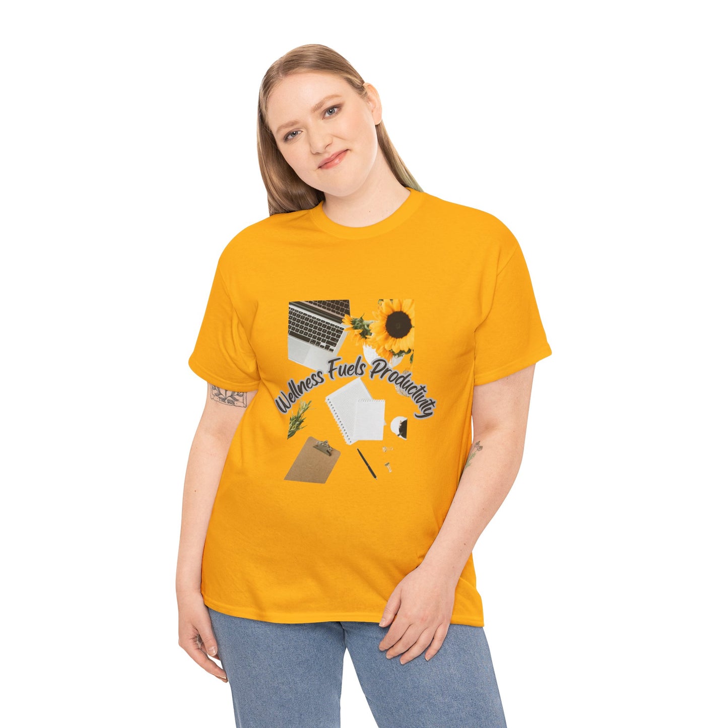 Wellness Fuels Productivity T-Shirt – Sunflower Workspace Graphic Tee | Motivational Quote Shirt | Wellness & Self-Care Gift