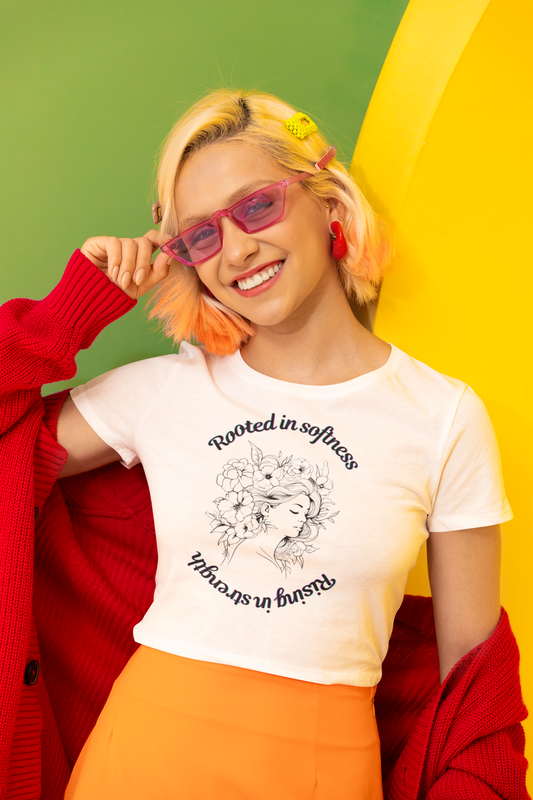 Rooted in Softness Rising in Strength Tee | Feminist Minimalist T-Shirt | Inspirational Gift for Women & Everyday Unisex Wear