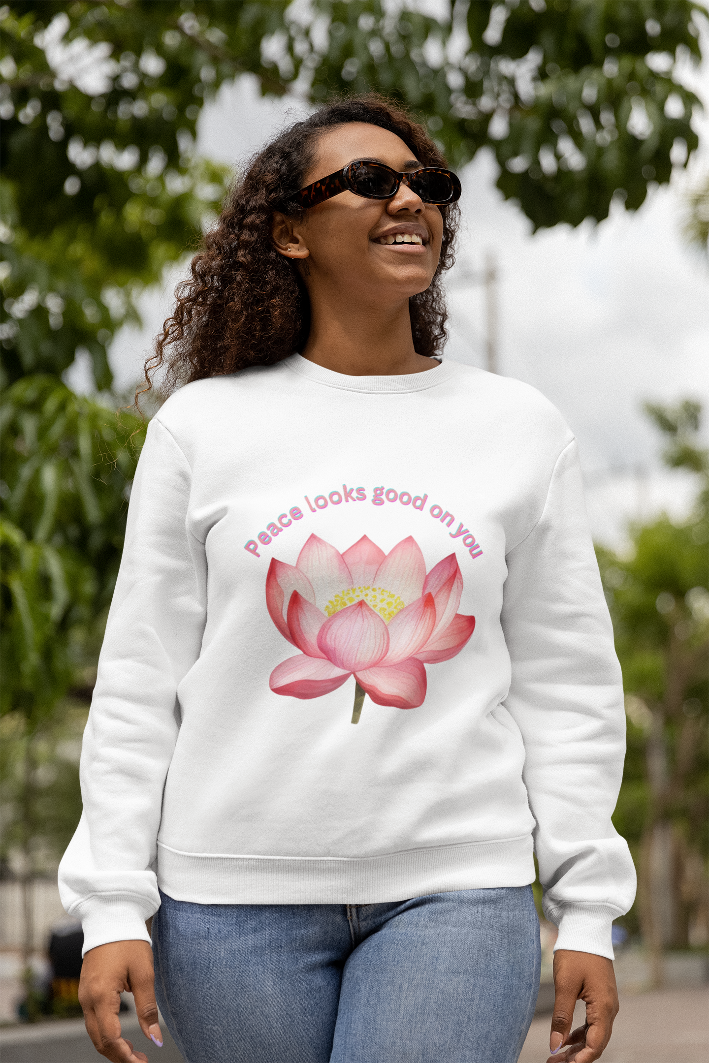 Crewneck Sweatshirt - Peace Look Good On You Quote with Lotus Flower Design